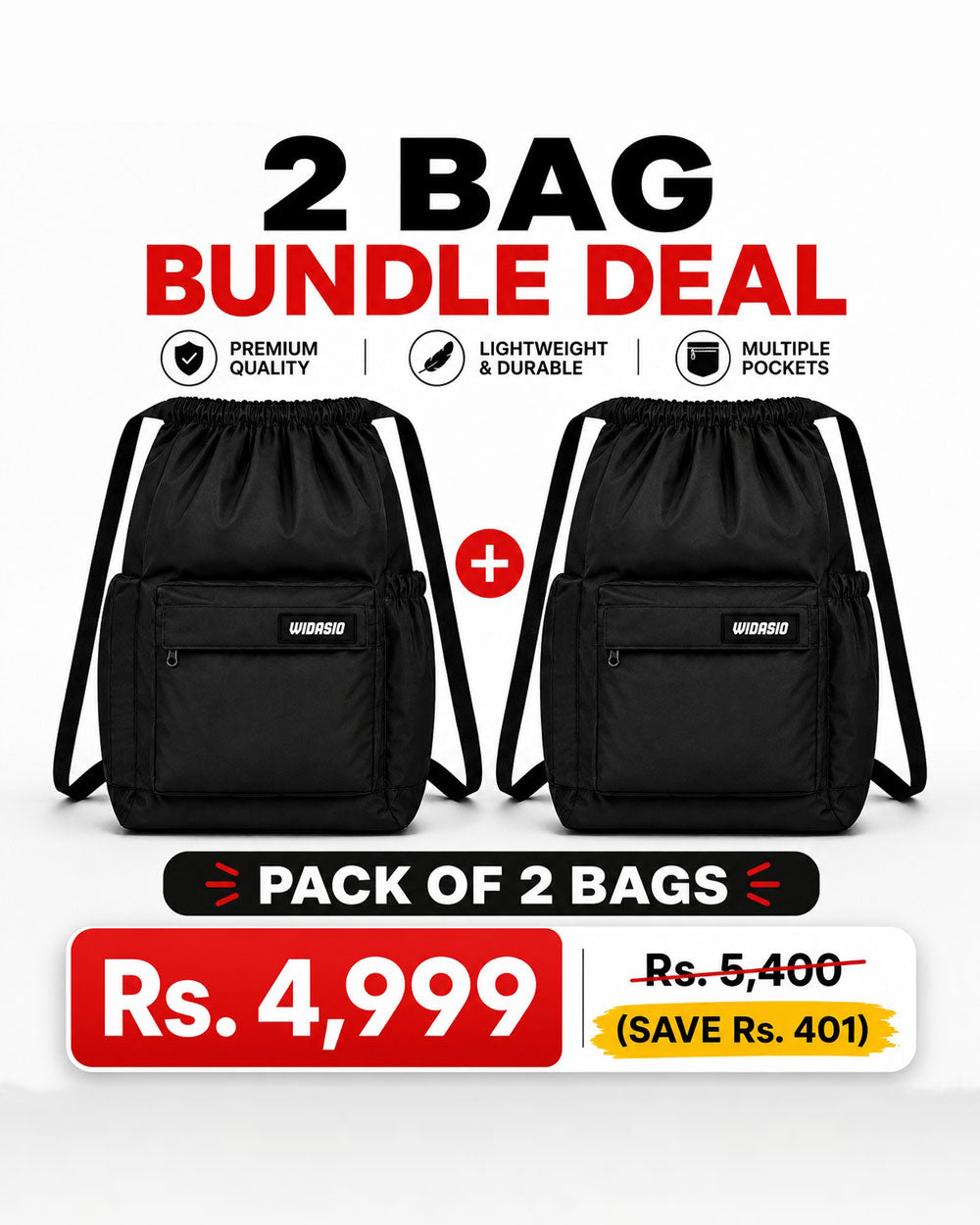 2 Black Unisex FlexDraw Bag
