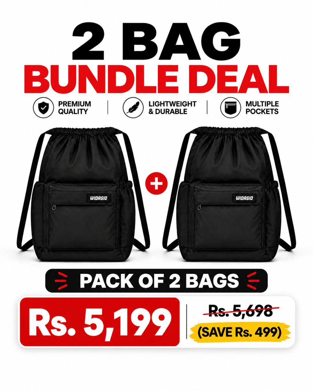 2 Black Unisex FlexDraw Bag