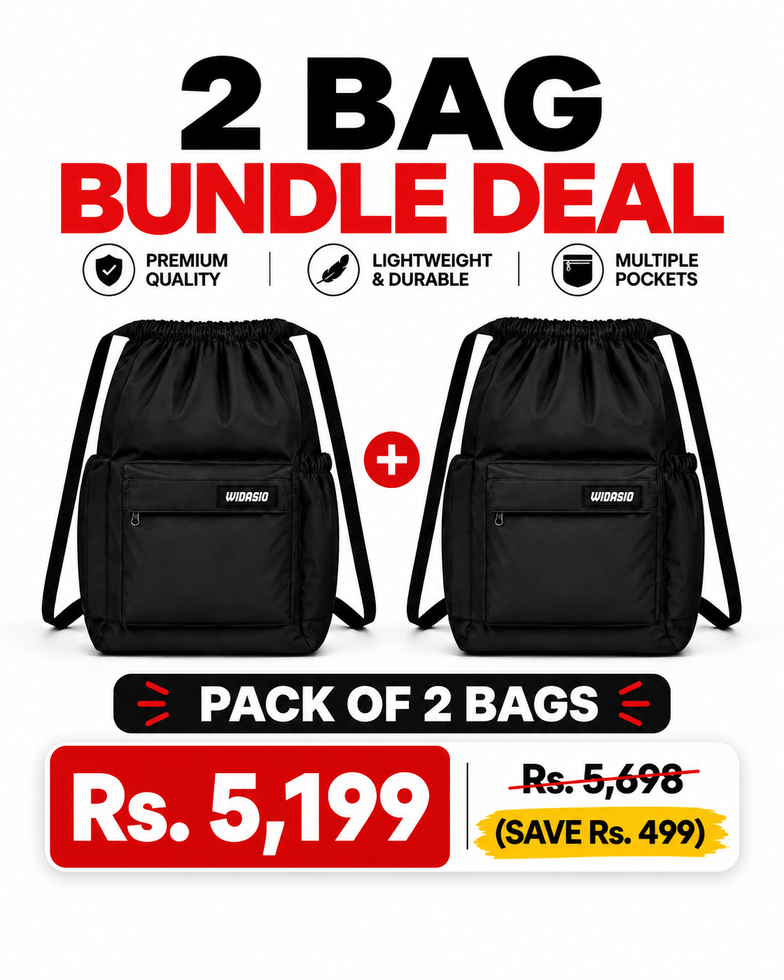 2 Black Unisex FlexDraw Bag