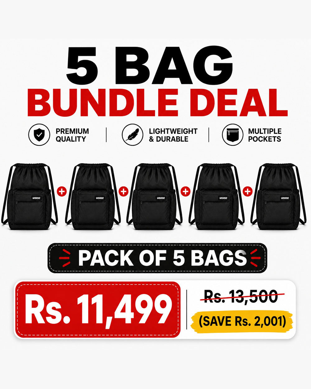 5 Black Unisex FlexDraw Bag