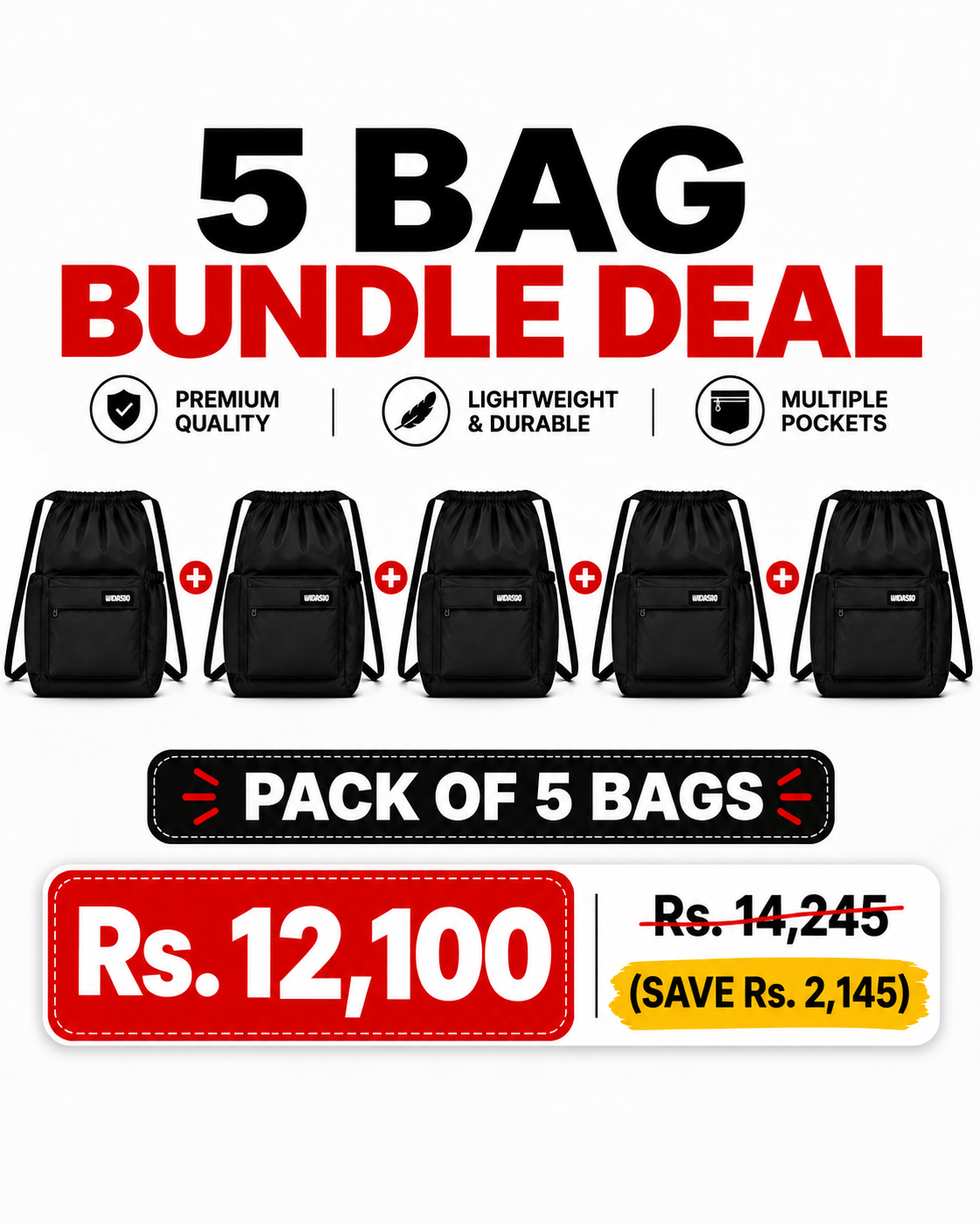 5 Black Unisex FlexDraw Bag