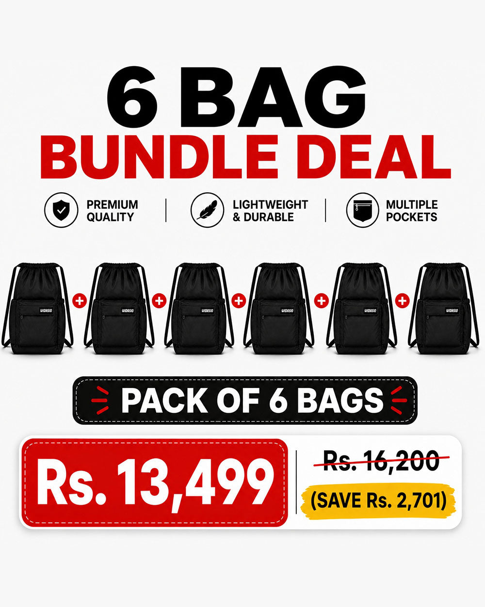 6 Black Unisex FlexDraw Bag