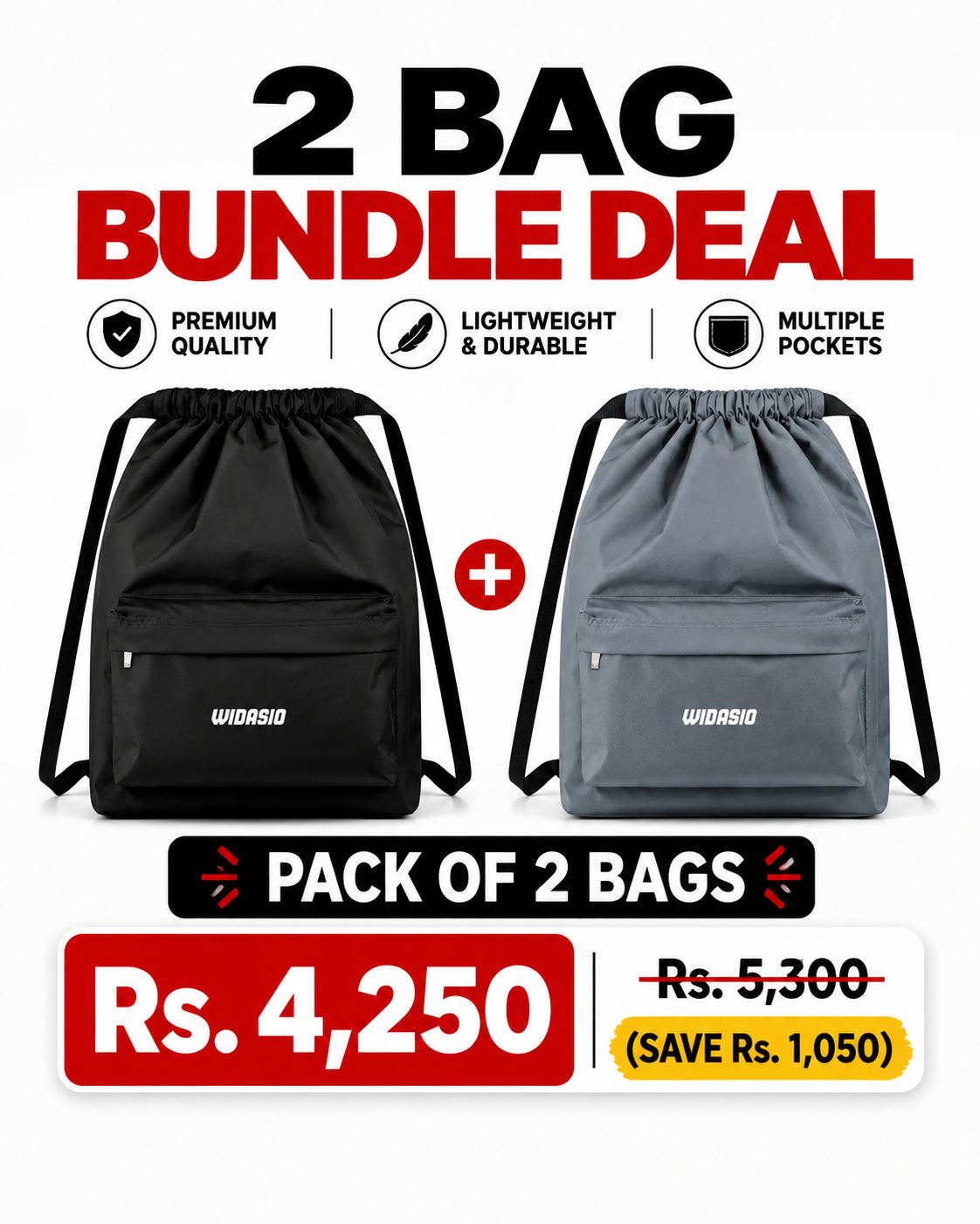 2 Unisex FlexDraw Bag (Black + Grey)