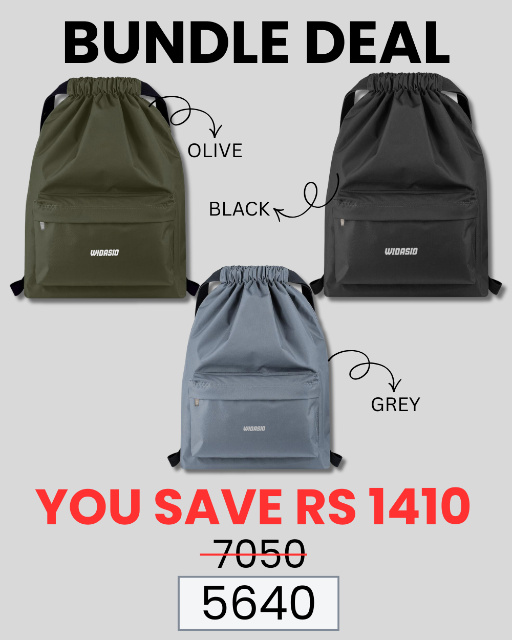 3 Unisex FlexDraw Bag (Black + Grey + Olive)