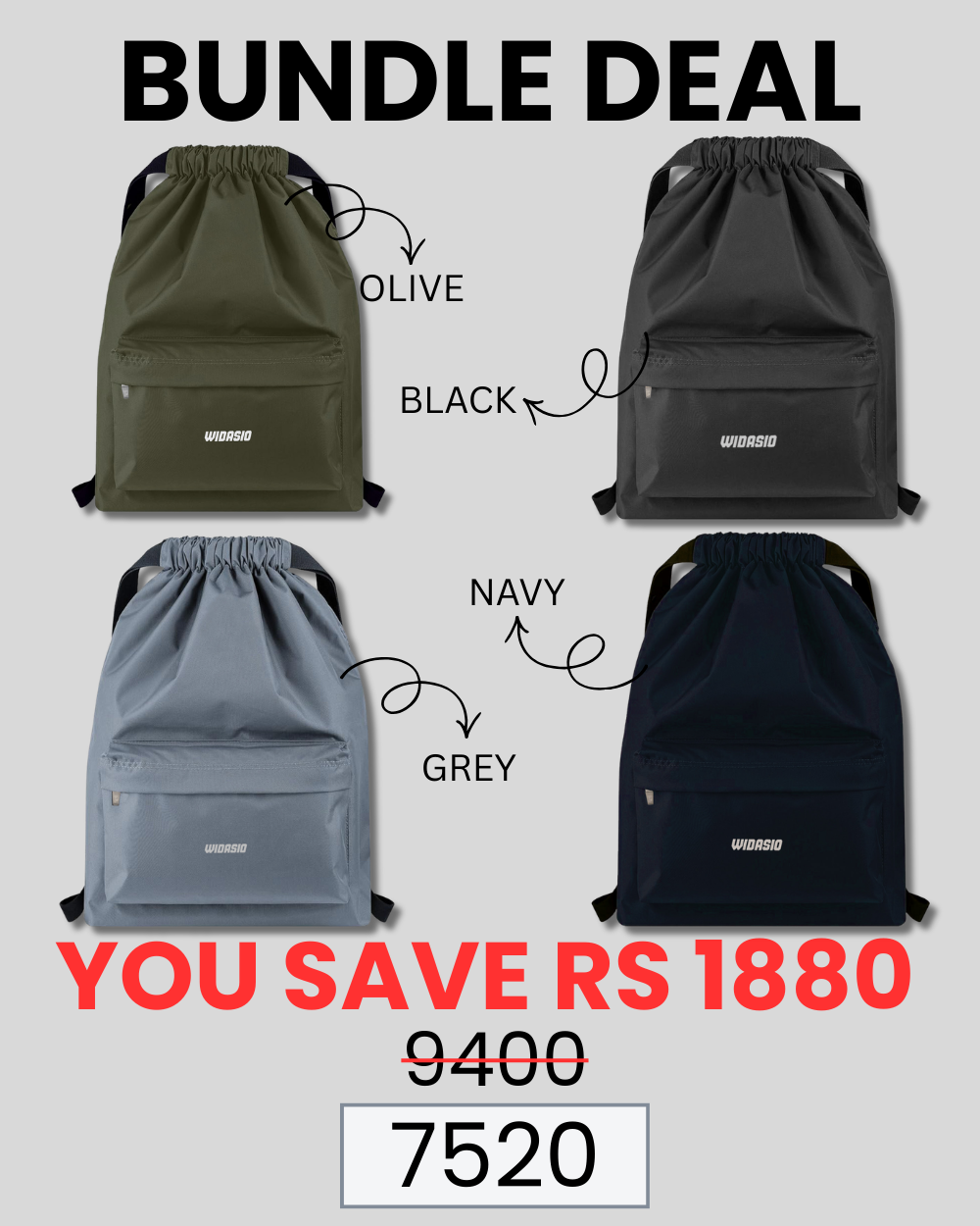 4 Unisex FlexDraw Bag (Black + Grey + Olive + Navy)